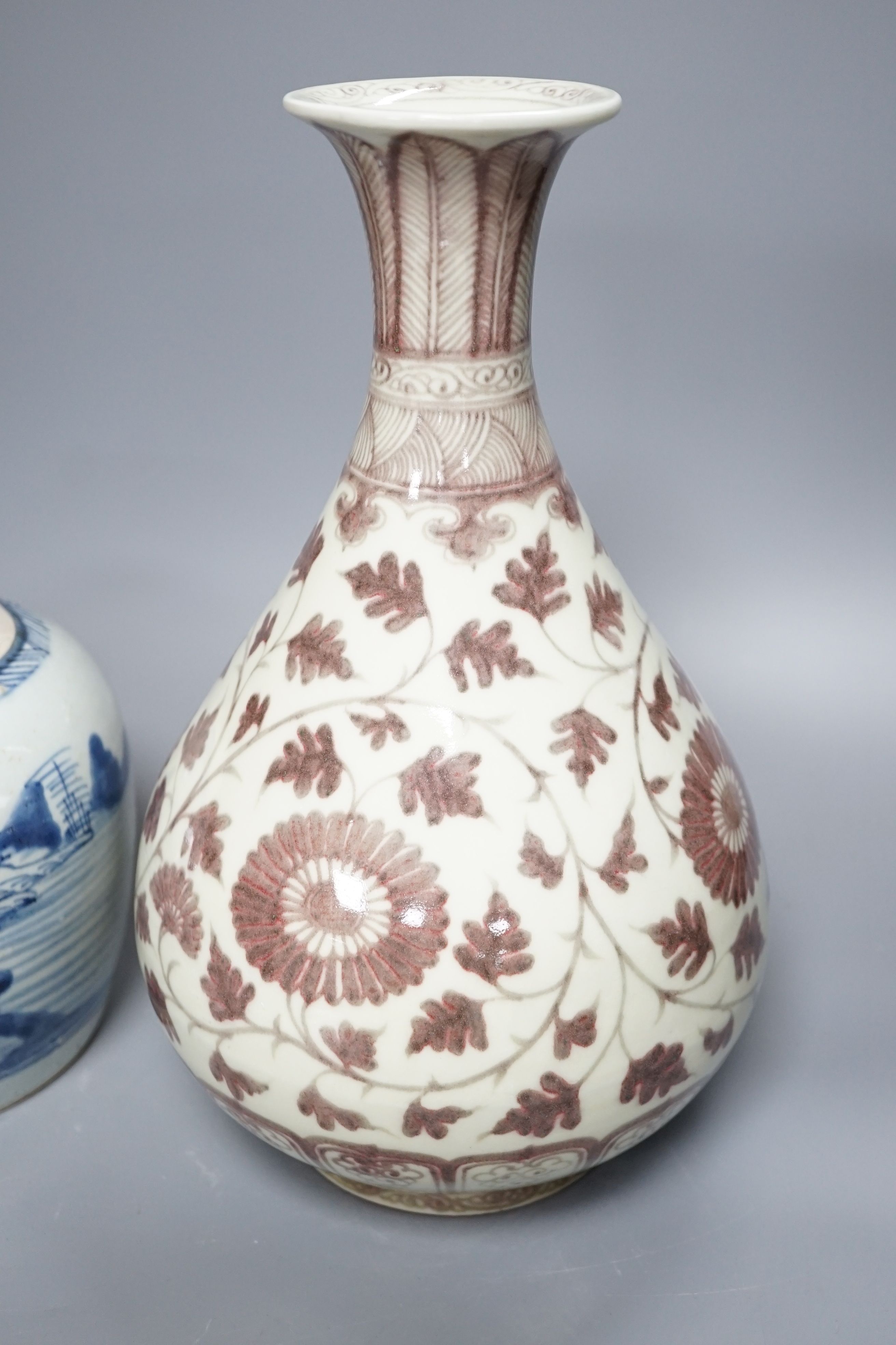 A Chinese red underglaze baluster jar, 32cm, and a 19th century Chinese blue and white ginger jar